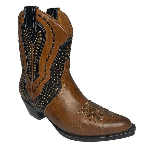 Frye Tulsa Stud Short Boot Size 7 Brown Black Studded Western Cowboy Ankle Boot - Picture 1 of 11